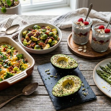 A variety of fiber-rich keto meals including chia pudding, avocado dishes, roasted vegetables, and cheesy casseroles arranged on a rustic table.