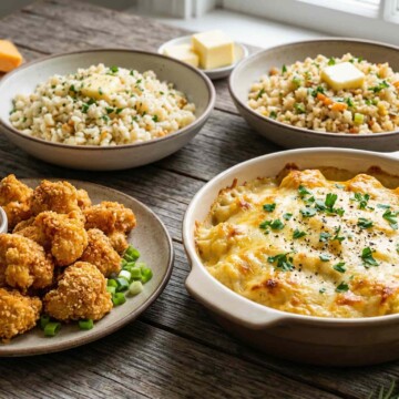 A table with dishes of baked casserole, breaded fried bites with dipping sauce, cooked grains, cauliflower, butter, and cheese, set by a window.