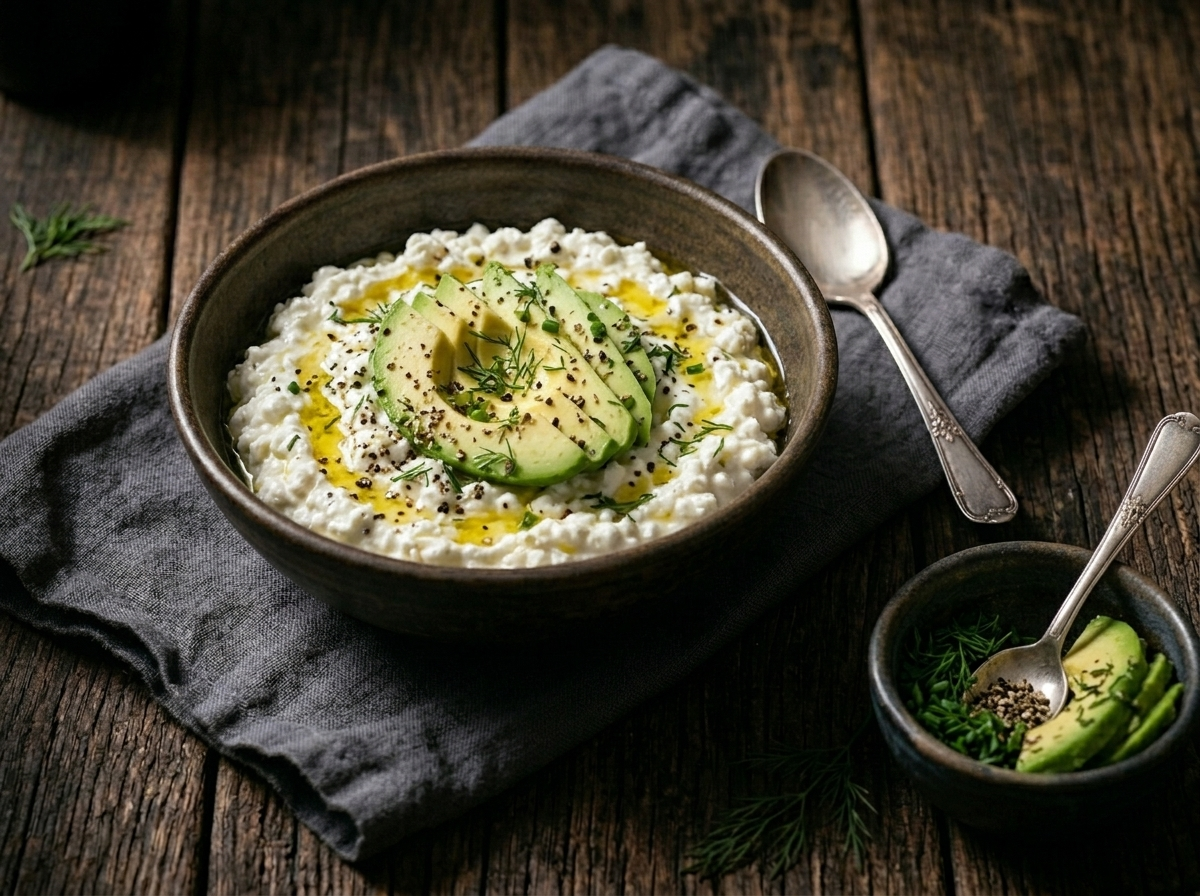 Savory cottage cheese bowl topped with olive oil, cracked black pepper, fresh herbs, and sliced avocado in a neutral ceramic bowl on a wooden countertop with warm natural kitchen lighting.