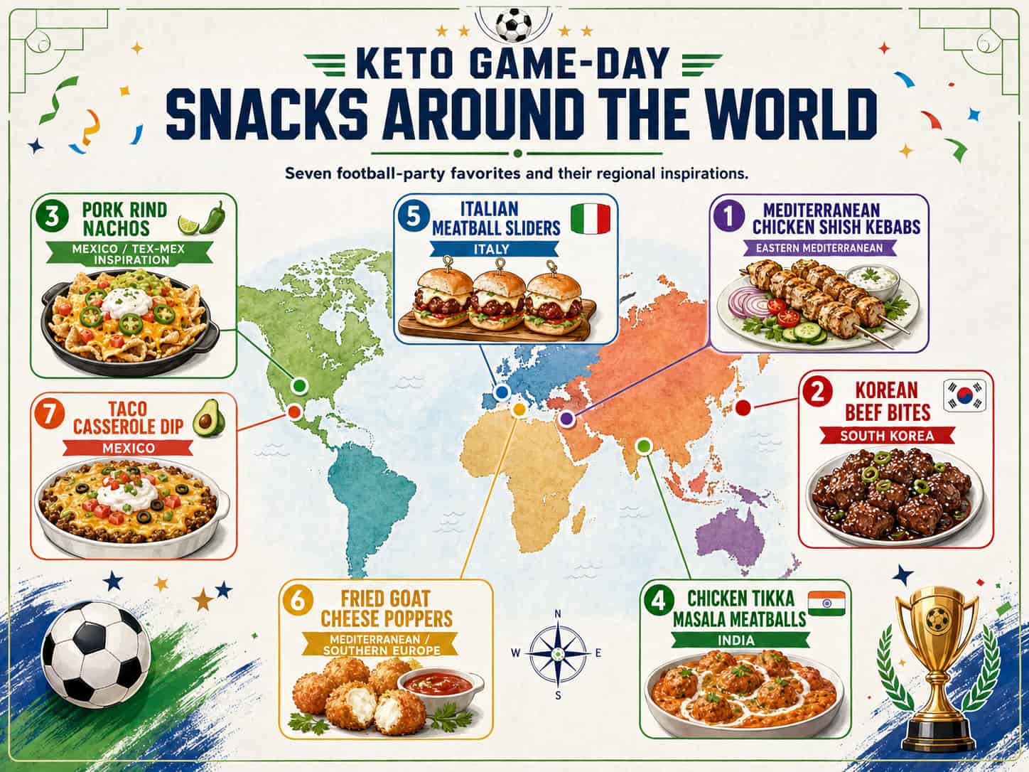 World map showing keto snacks inspired by global cuisines